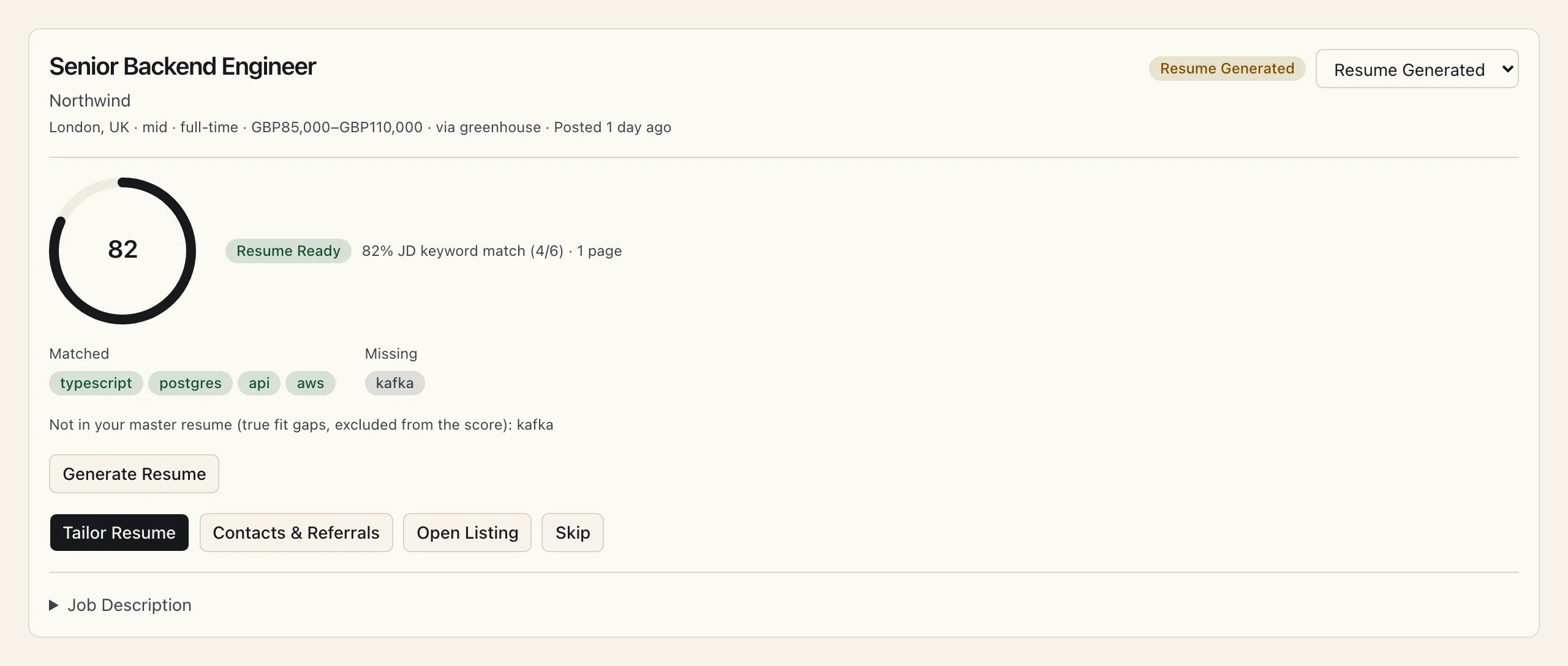 The resume check in JobsFlow: a score of 82, matched and missing keywords, and a one-page result