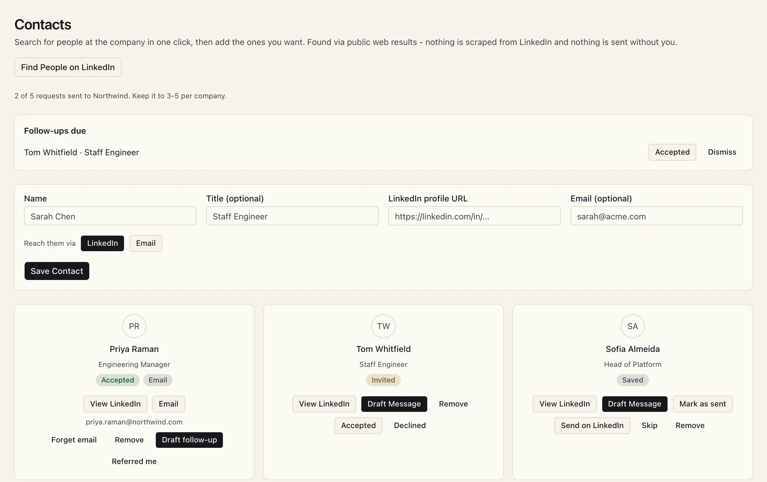 Contacts for one application: people saved at the company, their status, and follow-ups due