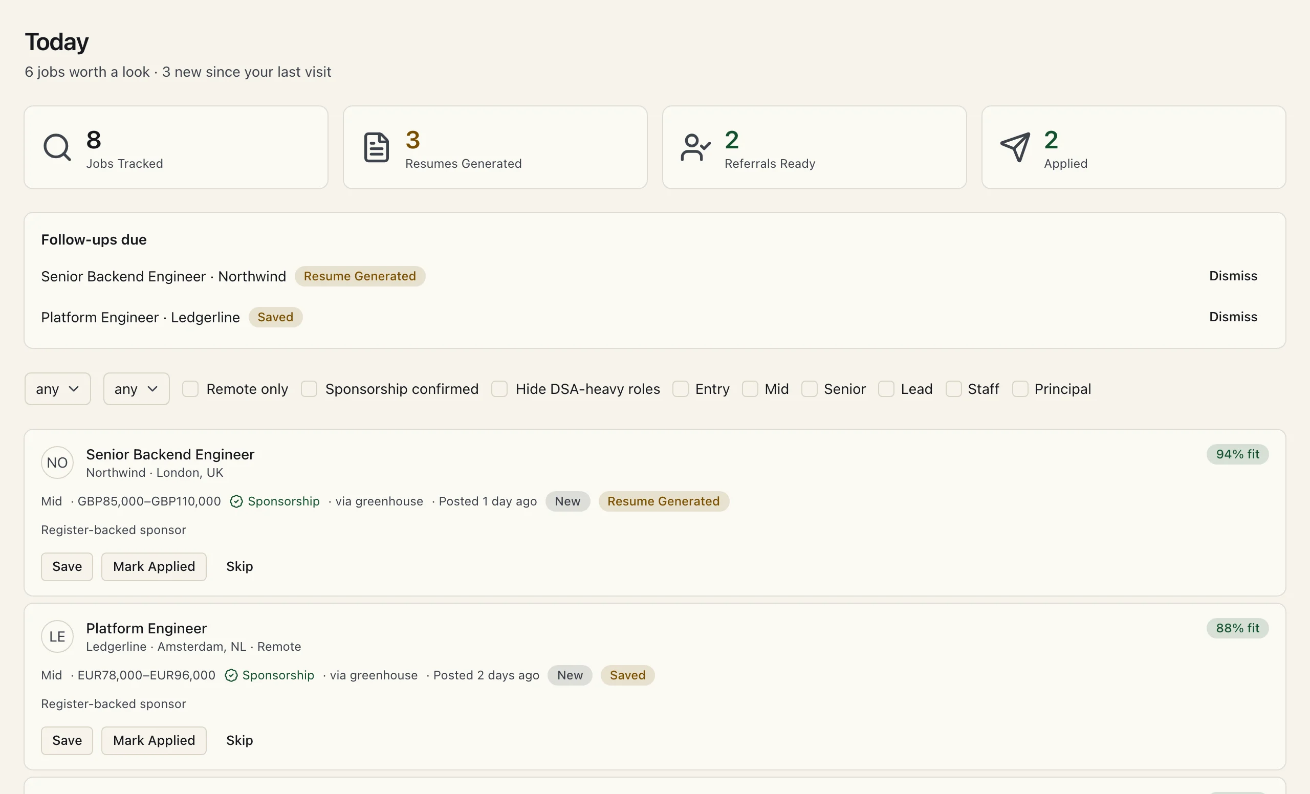 The Today page in JobsFlow: new roles sorted by fit score, with sponsorship flags and follow-ups due