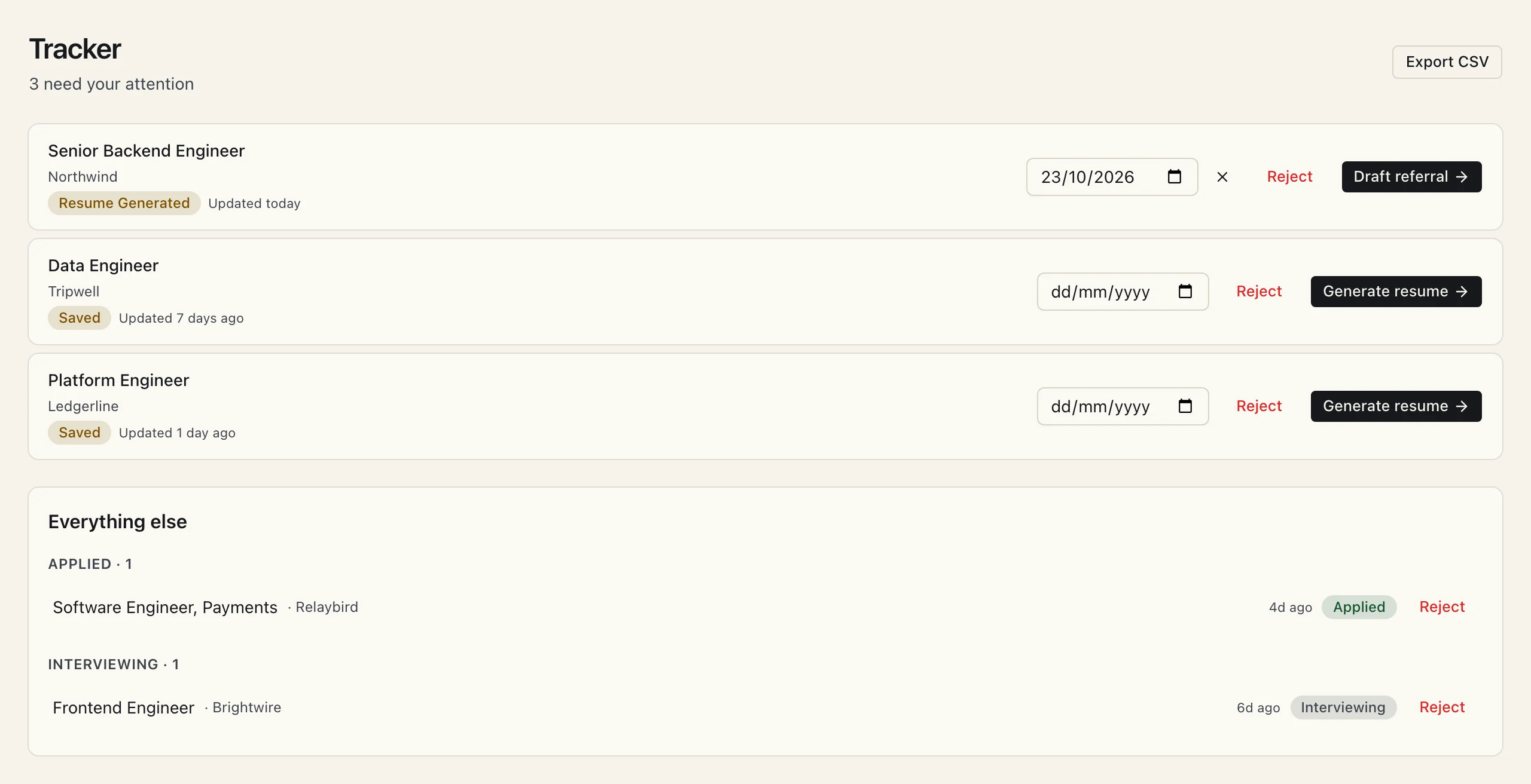 The JobsFlow tracker: applications that need attention, each with a follow-up date and next step